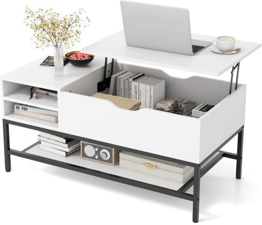 Suredeal Salontafel met Opklapbaar Blad Verborgen Opbergruimte 100x49 5x61 cm Hout & Metaal Wit