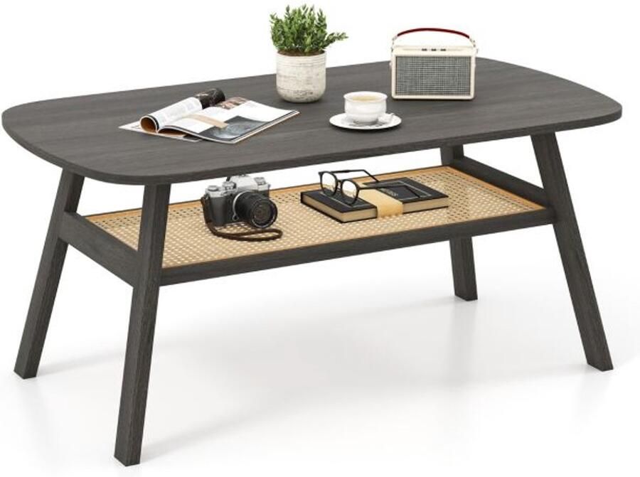 Suredeal Salontafel met Rotan Plank 2 Niveaus 100x55x44 5 cm Hout & Rubberhout Rustiek Donkergrijs