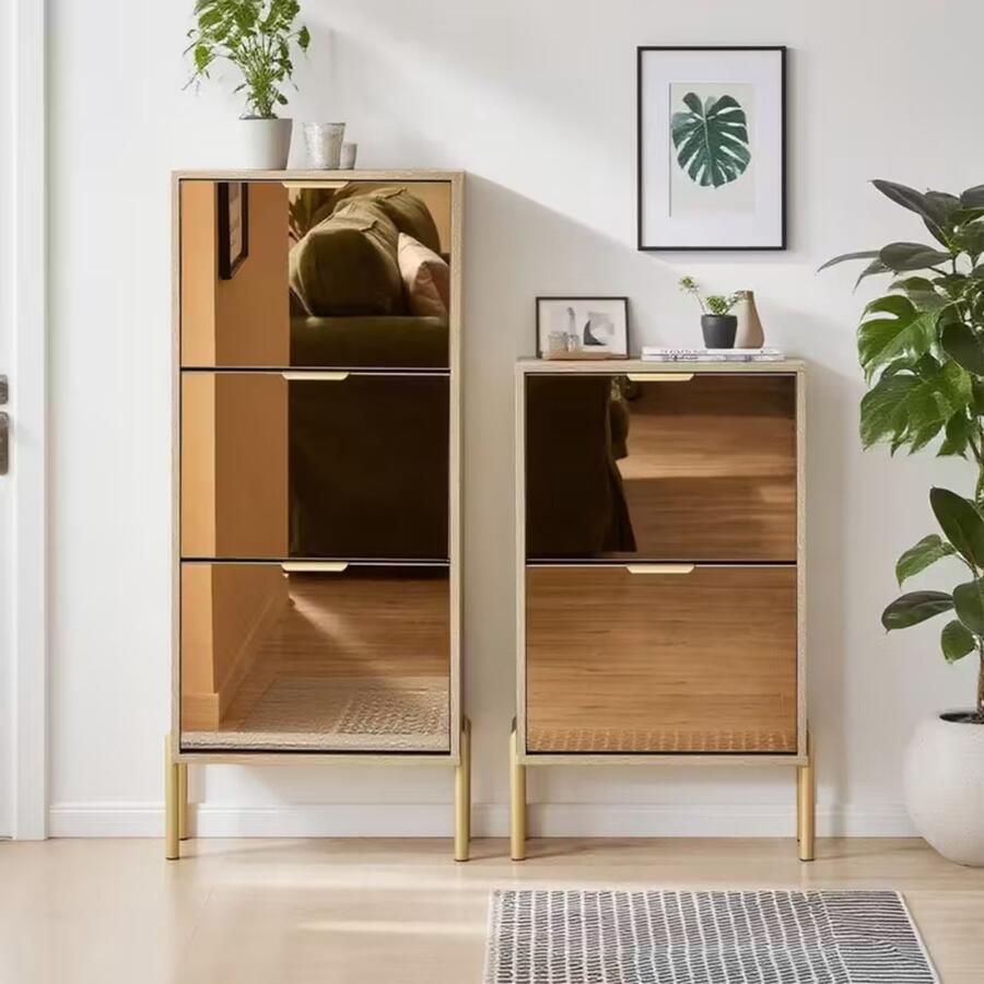 Suredeal Schoenenkast 55x24x124 cm 3 Uitschuifbare Vakken Spaanplaat Glas Goud Smal Modern Voor Hal & Slaapkamer