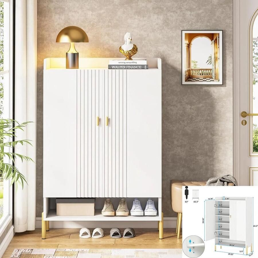 Suredeal Schoenenkast 6-laags Massief Hout 60x30x120 cm Wit Met Deuren -Gouden Pootjes Voor Hal -Slaapkamer
