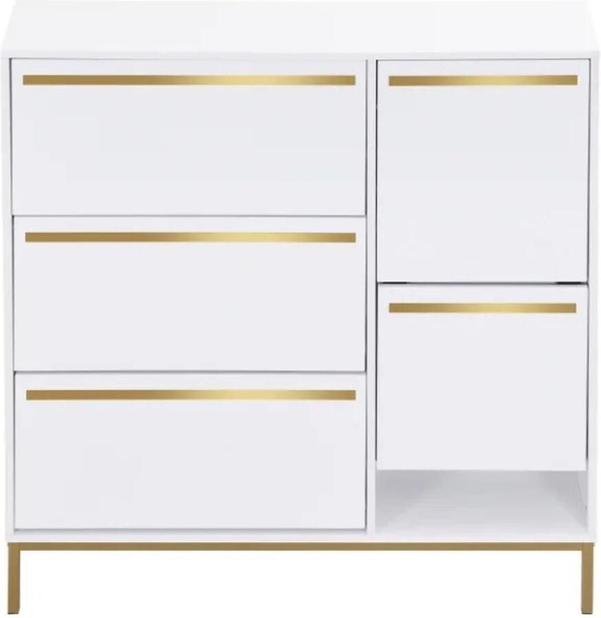 Suredeal Schoenenkast met Zitje 105x25x115 5 cm MDF Wit Goud Opklapbaar Voor Hal & Gang