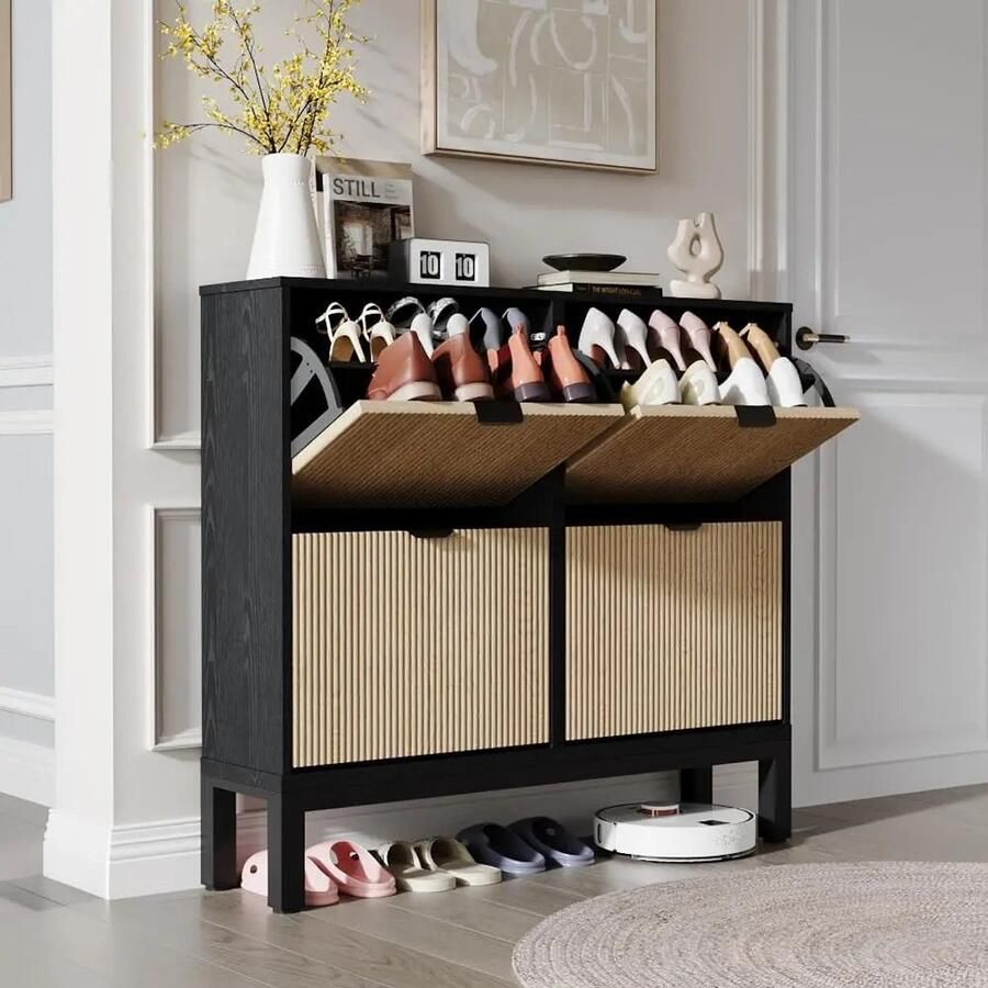 Suredeal Schoenenkast Natuurlijk Rotan 4 Klapladen Vrijstaand Modern zwart