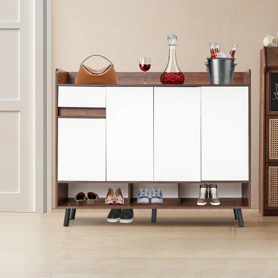 Suredeal Schoenenkast vrijstaand 120x32x100 cm MDF Warm wit 4 deuren & 1 lade Modernee vormgeving