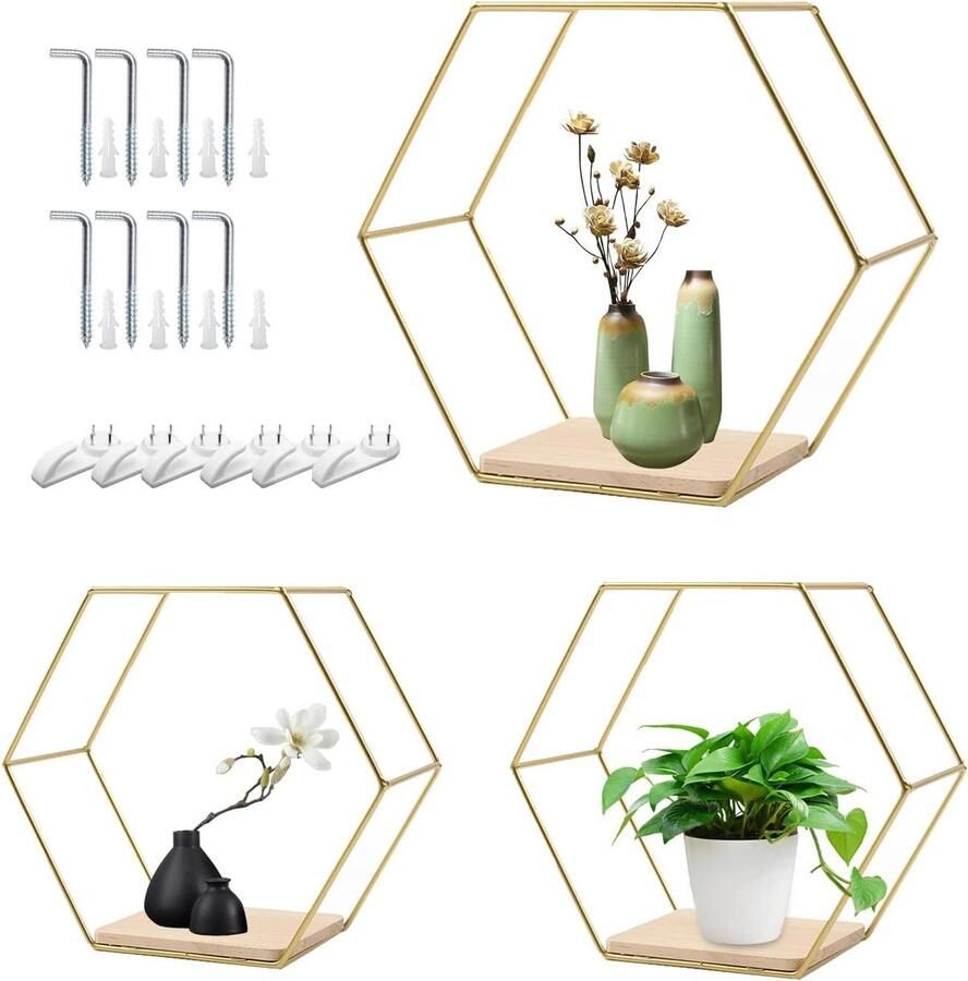 Suredeal Set van 3 Hexagonale Metalen Wandplanken Drie Maten Zwevende Planken voor Woonkamer Slaapkamer Badkamer (Goud)