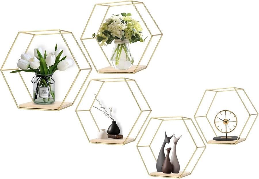 Suredeal Set van 5 Hexagonale Metalen -Houten Zwevende Wandplanken Nordic Design Multifunctioneel Makkelijk te Monteren