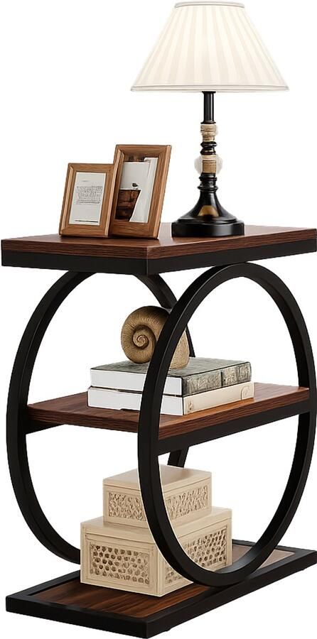 Suredeal Smalle Bijzettafel 60×30×65 cm (B×D×H) – Hout Metaal – Bruin – 3 Opbergplanken – Industrieel Design – Kleine Tafel Voor Bank Slaapkamer – Retro Stijl