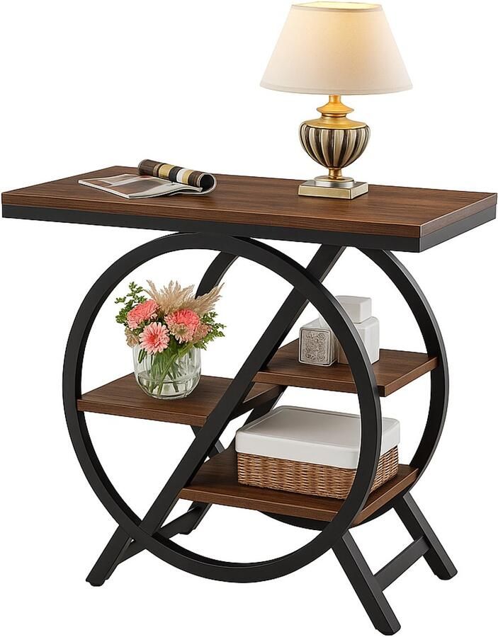 Suredeal Smalle Bijzettafel 60×30×65 cm (B×D×H) – Hout Metaal – Bruin – Industrieel Design – Tafel met 3 Opbergplanken – Voor Woonkamer Slaapkamer – Retro Stijl