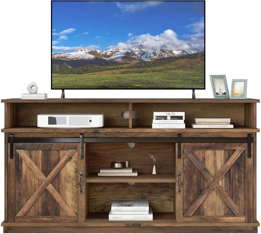 Suredeal TV-Kast In Boerderijontwerp Met 2 Klassieke Schuifdeuren En Verstelbare Planken 148x40x78 cm