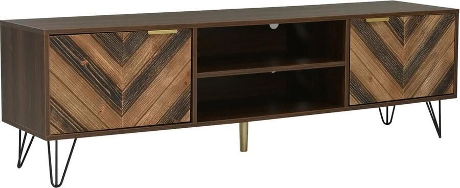 Suredeal TV-Kast Met Twee Deuren Massief Houten Fineer Deuren Twee Compartimenten Laag Paneel Gouden Handvatten IJzeren Voeten 160x38x48 cm