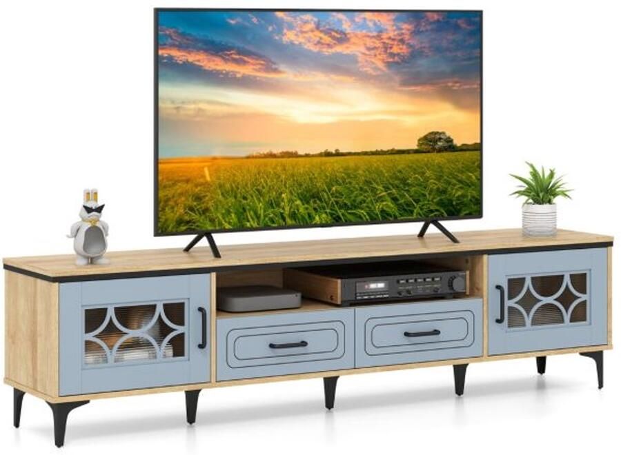 Suredeal TV-Meubel 180 5x35x46 cm Naturel Voor TV s tot 80 Boerderijstijl 2 Lades 2 Kastjes Open Vak 7 Metalen Poten Kabelbeheer
