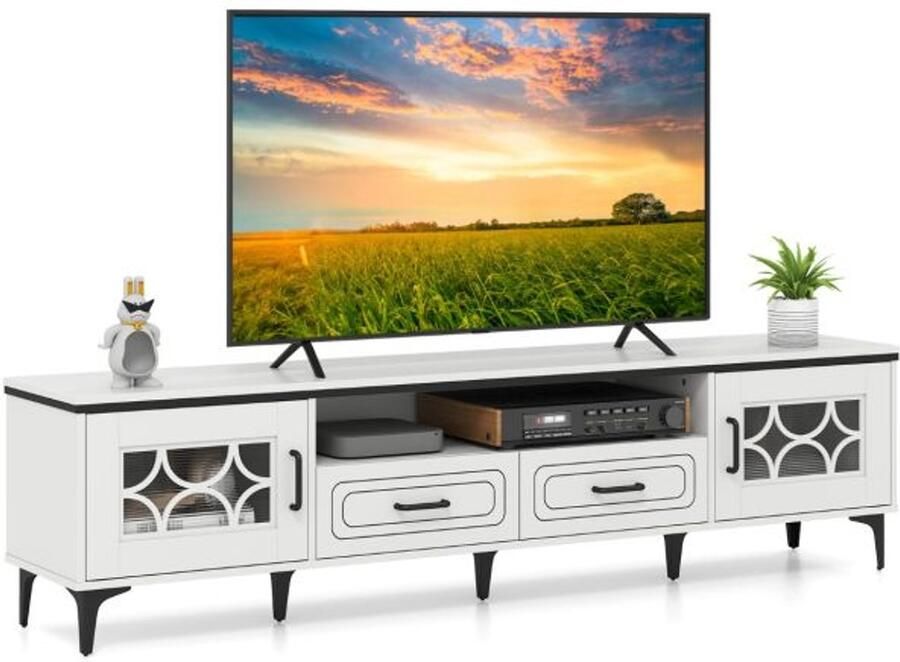 Suredeal TV-Meubel 180x35x46 cm Wit Voor TV s tot 80 Landelijke Stijl 2 Lades 2 Kastjes Open Vak Metalen Poten Kabelbeheer MDF