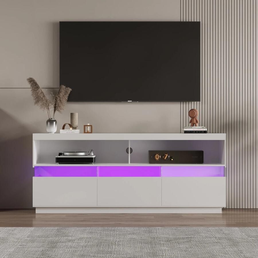 Suredeal TV-meubel TV-kasttafel Lowboard Met LED-Verlichting Twee Compartimenten En Drie Grote Lades Veel Opbergruimte Wit