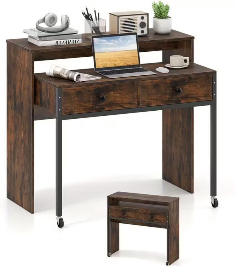 Suredeal Uitschuifbaar Computerbureau 153x50x77 cm Met Laden & Wielen MDF Hout Bruin Klassiek Ruimtebesparend