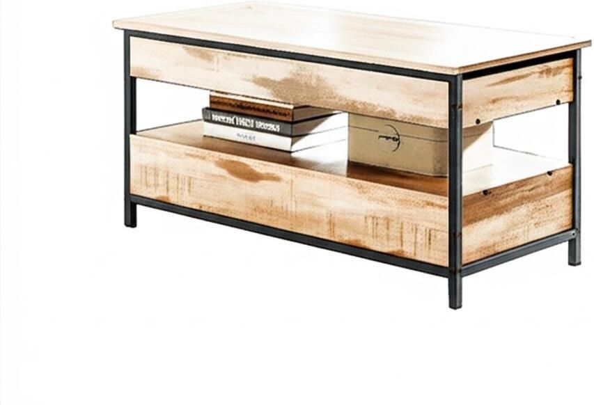 Suredeal Verstelbare Salontafel 100×50×48‑63 cm (B×D×H) – Hout Staal – Donker Kaki – Met Opbergruimte & Lades – Industriële Stijl – Voor Woonkamer