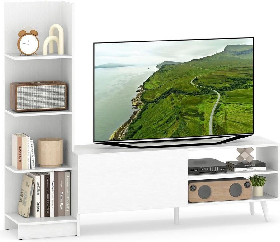 Suredeal Woonwand TV-meubel 140x31x115 5 cm Voor TV tot 50 Spaanplaat & MDF Wit Met Boekenrek & Kastdeur