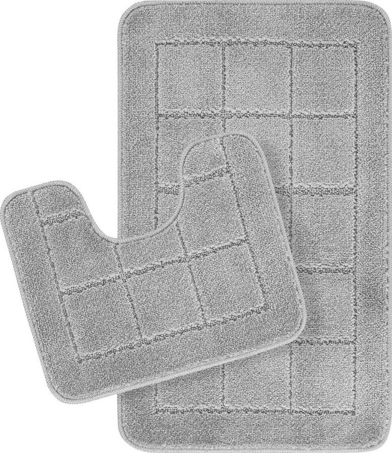 Surya Badmat Set WC Mat Badkamer Douchemat Toiletmat Machinewasbar Antislip Hoogpolig Badkleed NOELLE LichtGrijs 80x50 cm 50x40 cm