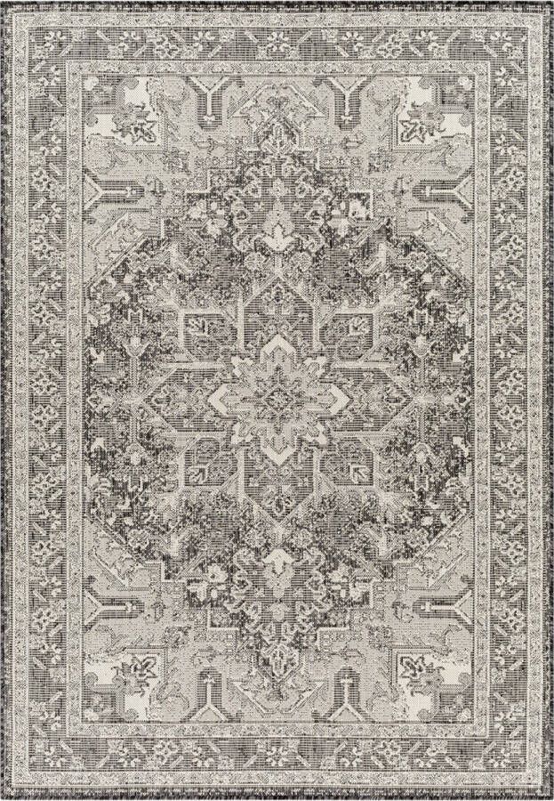 Surya Buitenkleed Balkon Terras Keuken Vintage Oosters vloerkleed ELLY Antraciet Ivoor 160x213 cm - Foto 1