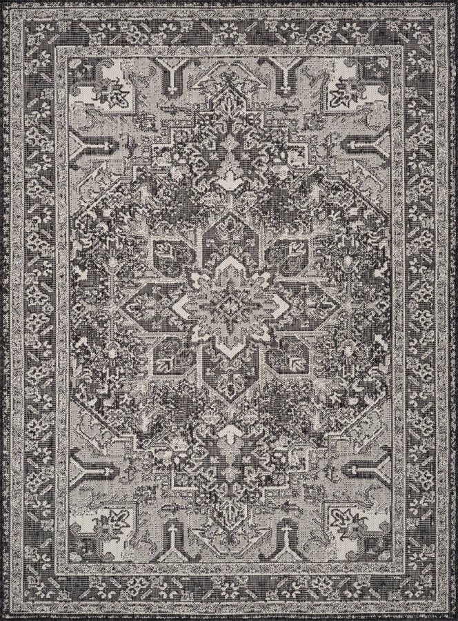 Surya Buitenkleed Balkon Terras Keuken Vintage Oosters vloerkleed ELLY Antraciet Ivoor 160x213 cm