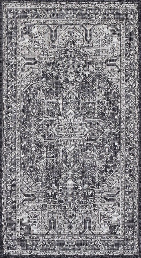 Surya Buitenkleed Balkon Terras Keuken Vintage Oosters Tapijt ELLY Antraciet Ivoor 80x150 cm - Foto 1