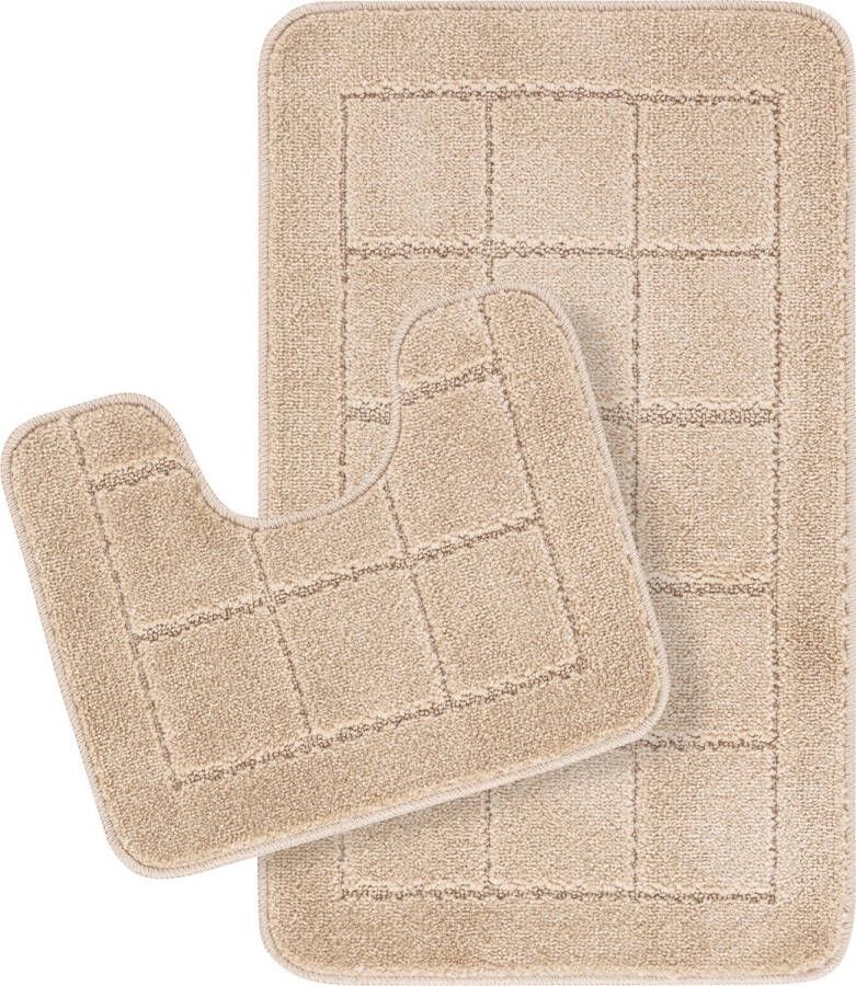 Surya Badmat Set WC Mat Badkamer Douchemat Toiletmat Badkamer Antislip Tapijten Unicolor MACIE LichtBeige 80x50 cm 50x40 cm