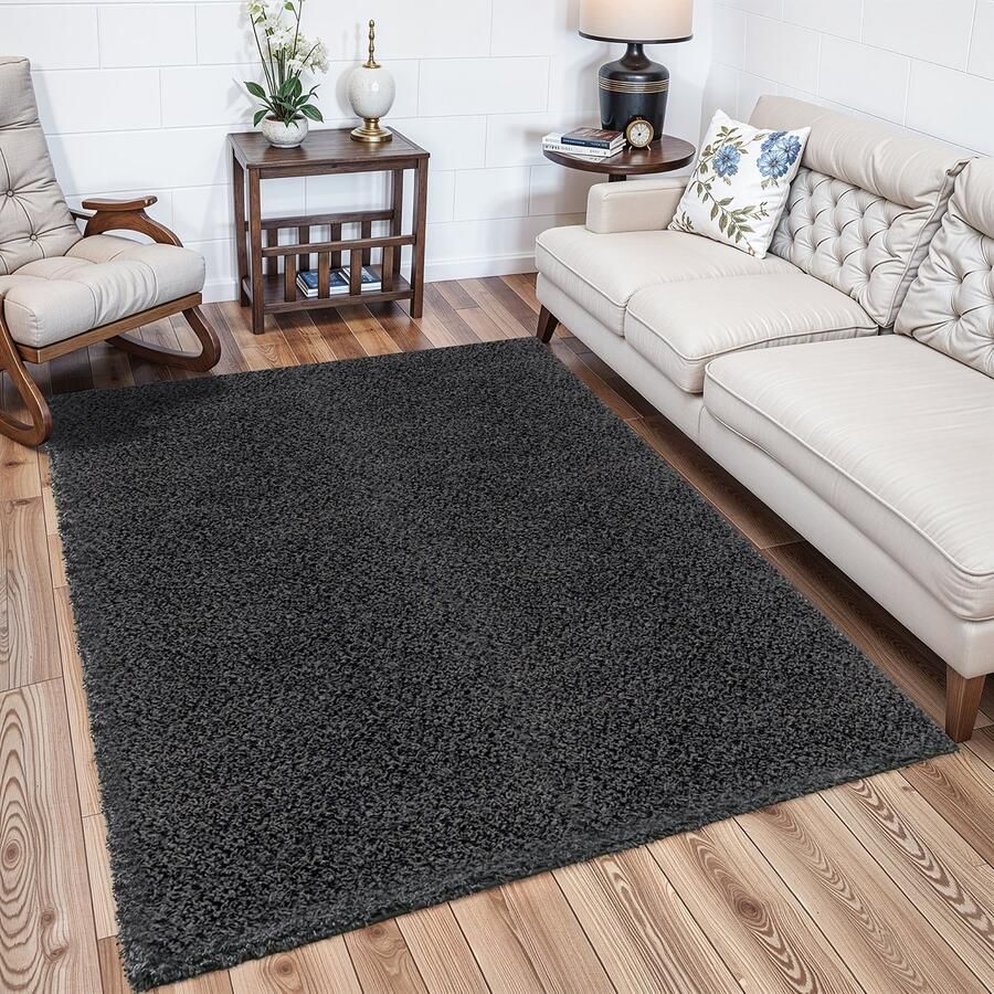 Surya Vloerkleed Woonkamer Slaapkamer Zacht Hoogpolig Shaggy Tapijt LILLY Effen Donkergrijs 200x290 cm