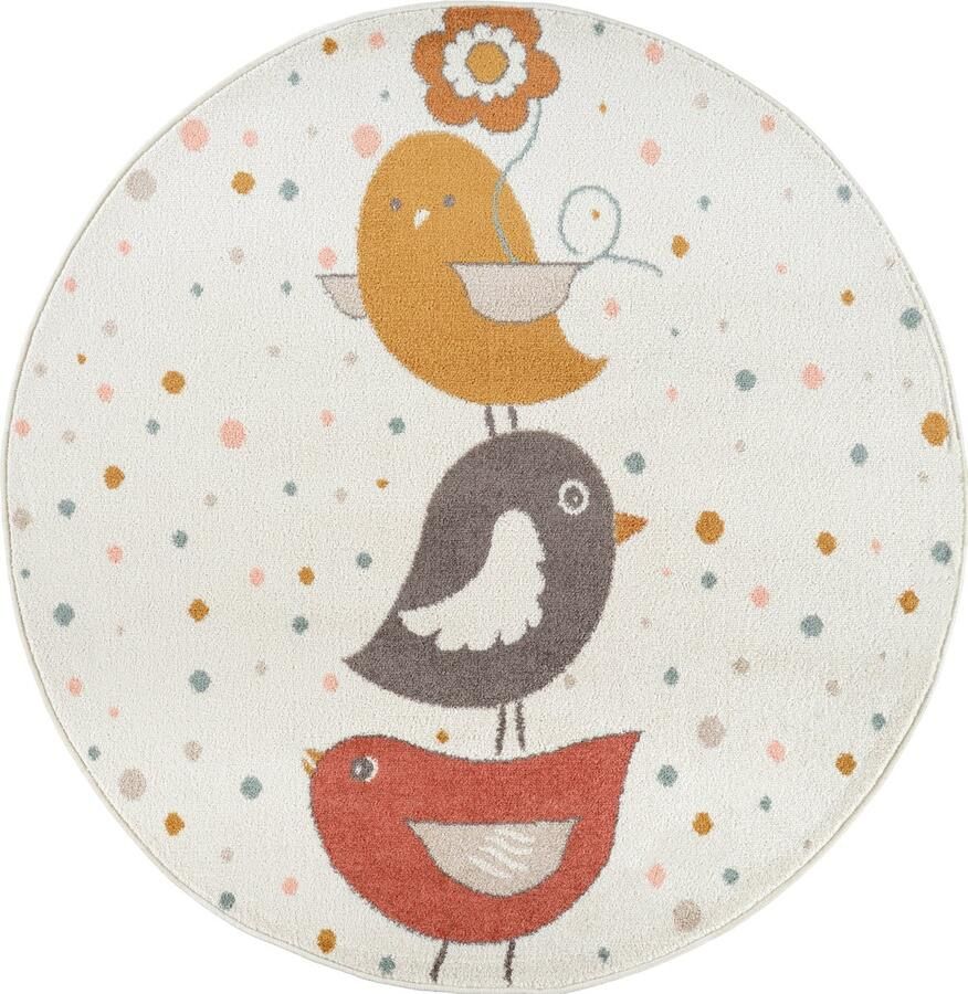 Surya Vloerkleed Kinderkamer KinderTapijt SpeelTapijt Rond Vogels PIOUPIOU Geel Blauw Bruin Ø 160 cm