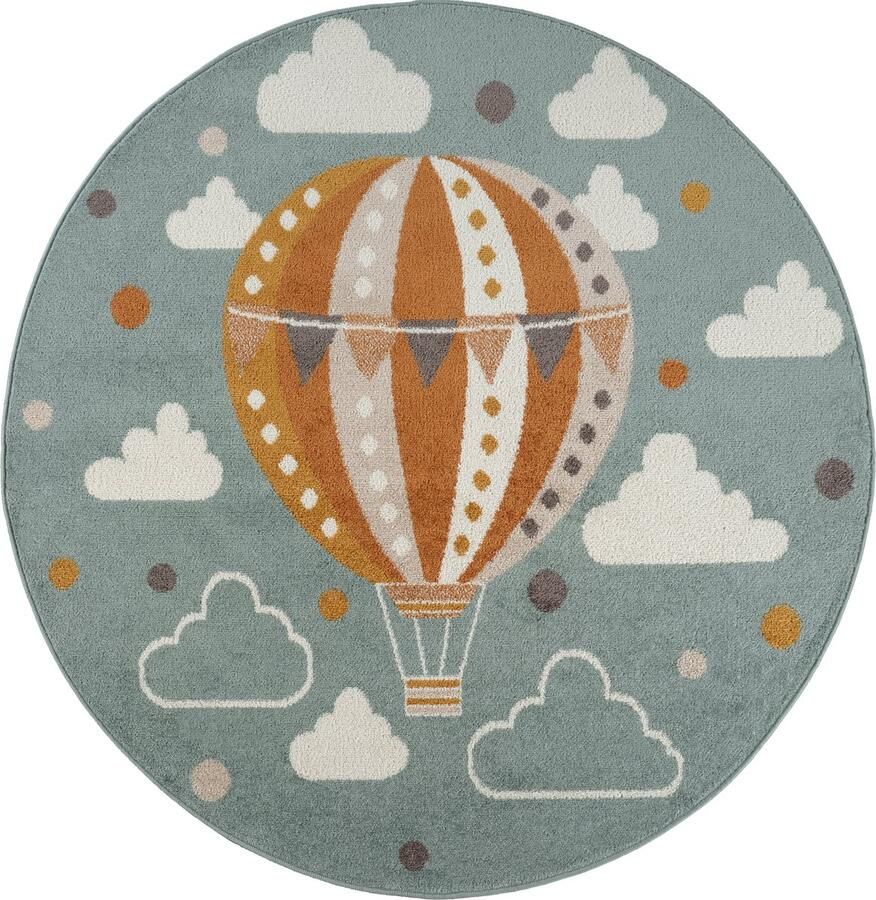 Surya Vloerkleed Kinderkamer KinderTapijt SpeelTapijt Rund Wolken Heteluchtballon MONTY Meerkleurig Blauw Ø 160 cm