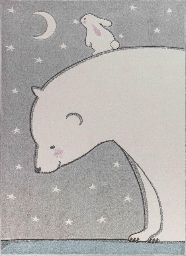 Surya Vloerkleed Kinderkamer KinderTapijt SpeelTapijt Schattig Ijsbeer en Konijn CLOUDY TEDDY Wit Grijs 200x275 cm