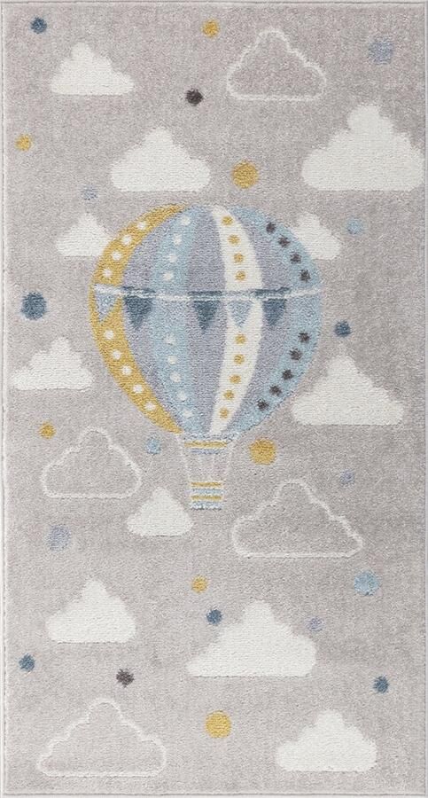 Surya Vloerkleed Kinderkamer KinderTapijt SpeelTapijt Wolken Heteluchtballon MONTY Meerkleurig Grijs 80x150 cm