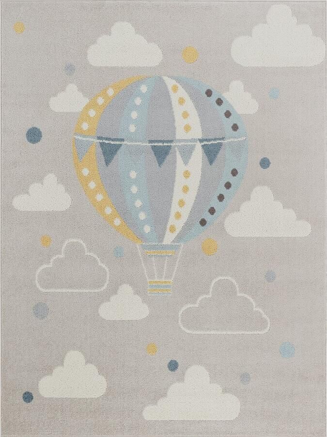 Surya Vloerkleed Kinderkamer KinderTapijt SpeelTapijt Wolken Heteluchtballon MONTY Meerkleurig Grijs 120x170 cm