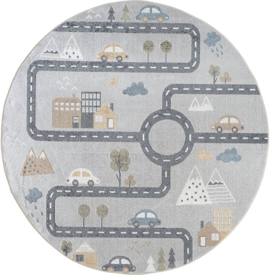 Surya Vloerkleed Machinewasbaar Kinderkamer KinderTapijt SpeelTapijt Rond Autocircuit VROOMVILLE Blauw Grijs Ø 160cm