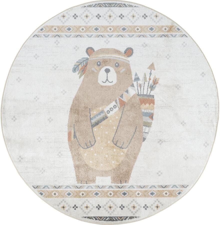 Surya Vloerkleed Machinewasbaar Kinderkamer KinderTapijt SpeelTapijt Rond Indiase Beer OURSIGÈNE Beige Bruin Ø 160cm