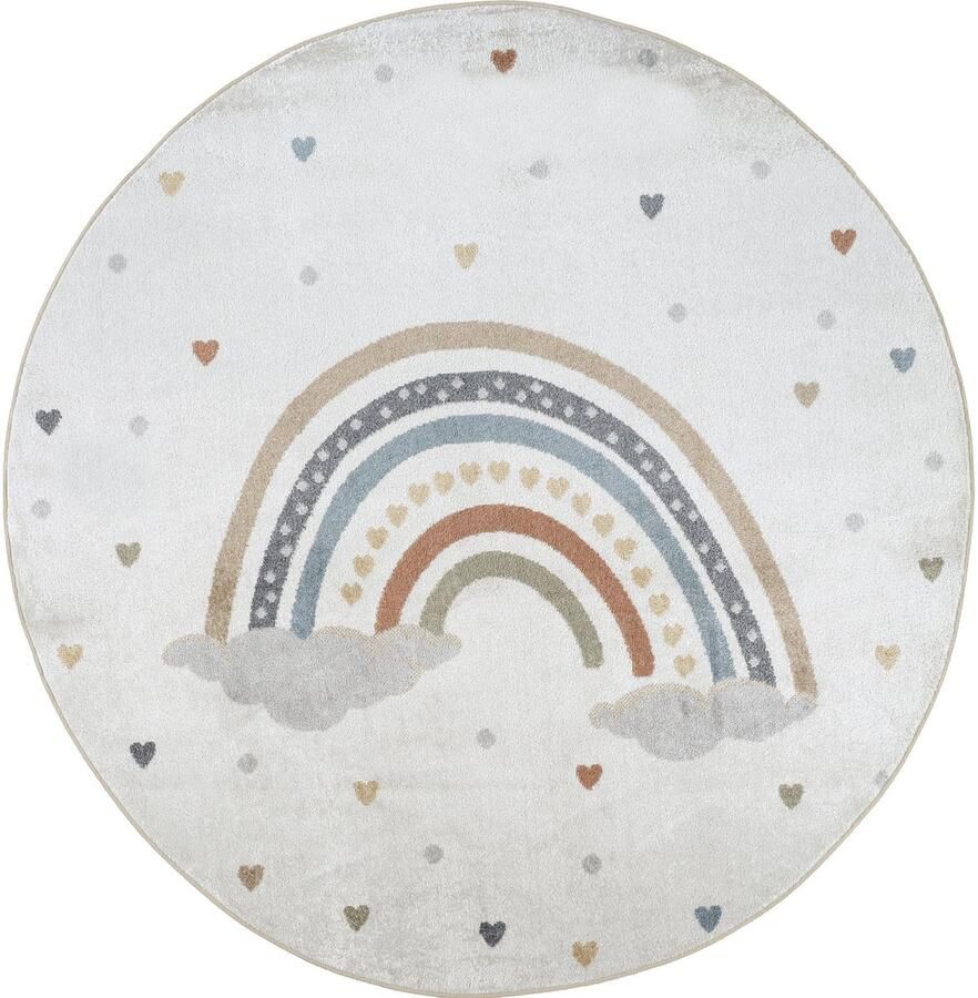 Surya Vloerkleed Machinewasbaar Kinderkamer KinderTapijt SpeelTapijt Rond Regenboog RAINI-BOW Meerkleurig Oranje Ø 160cm