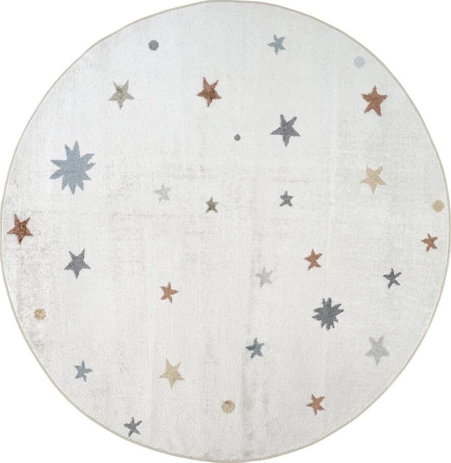 Surya Vloerkleed Machinewasbaar Kinderkamer KinderTapijt SpeelTapijt Rond Sterren STELLA Meerkleurig Beige Ø 160