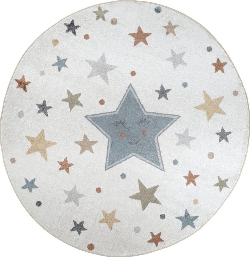 Surya Vloerkleed Machinewasbaar Kinderkamer KinderTapijt SpeelTapijt Rund Sterren SUPERMAMA Meerkleurig Blauw Ø 160cm