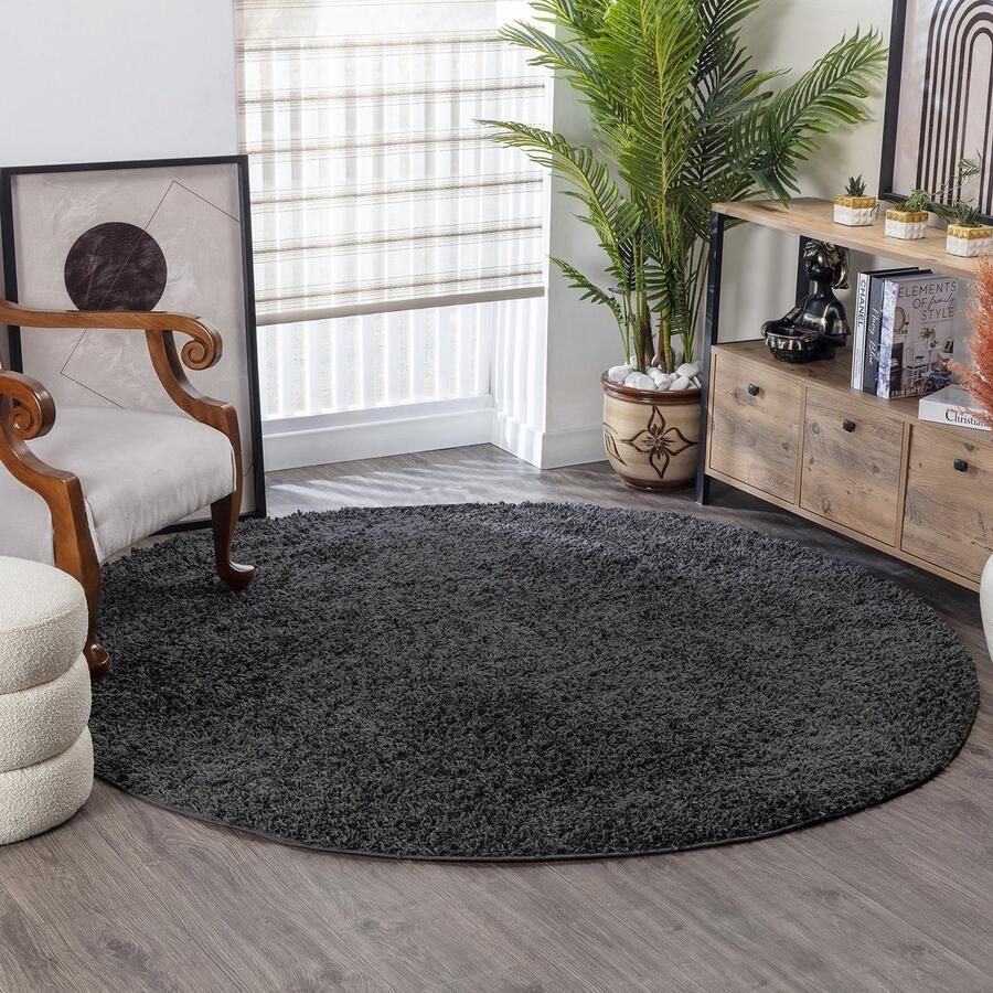 Surya Vloerkleed Woonkamer Slaapkamer Rond Zacht Hoogpolig Shaggy Tapijt LILLY Effen Donkergrijs Ø 120 cm