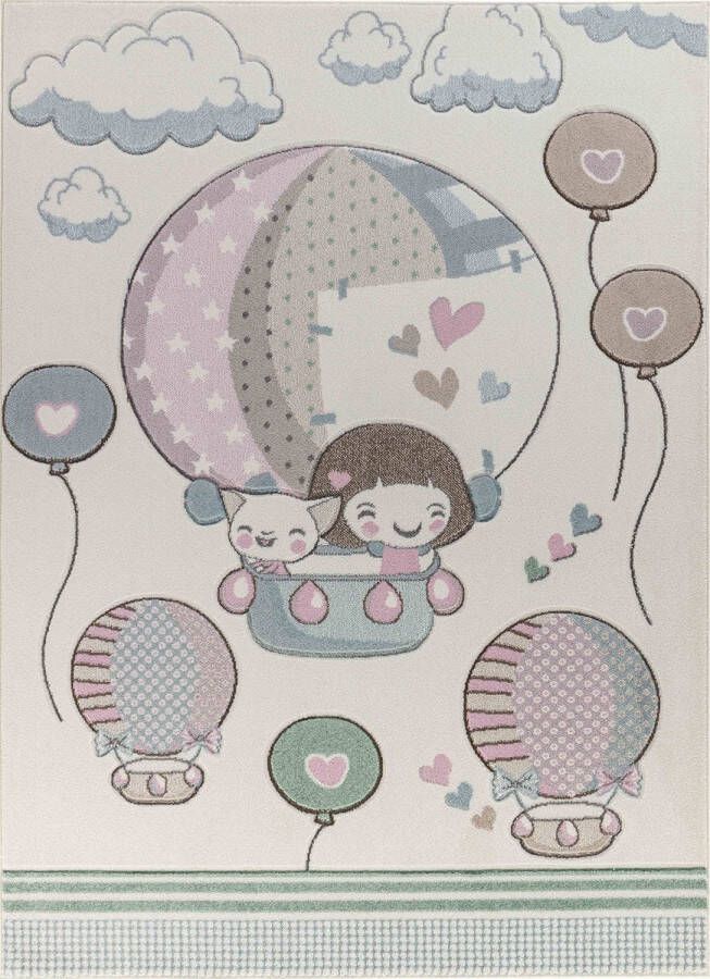 Surya Vloerkleed Kinderkamer KinderTapijt SpeelTapijt Schattig Heteluchtballonnen CUTE LOON Wit Roze 200x275 cm