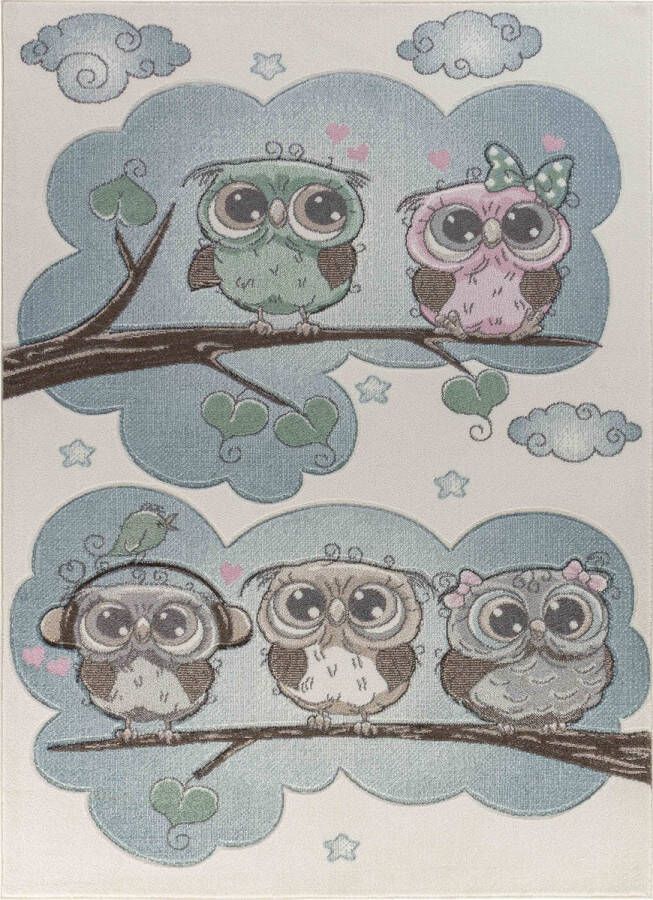 Surya Vloerkleed Kinderkamer KinderTapijt SpeelTapijt Schattig Uilen SLEEPY BOO Wit Blauw 200x275 cm