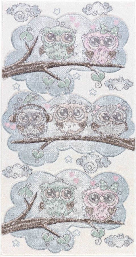 Surya Vloerkleed Kinderkamer Kindertapijt Speeltapijt Schattig Uilen SLEEPY BOO Wit Blauw 80x150 cm