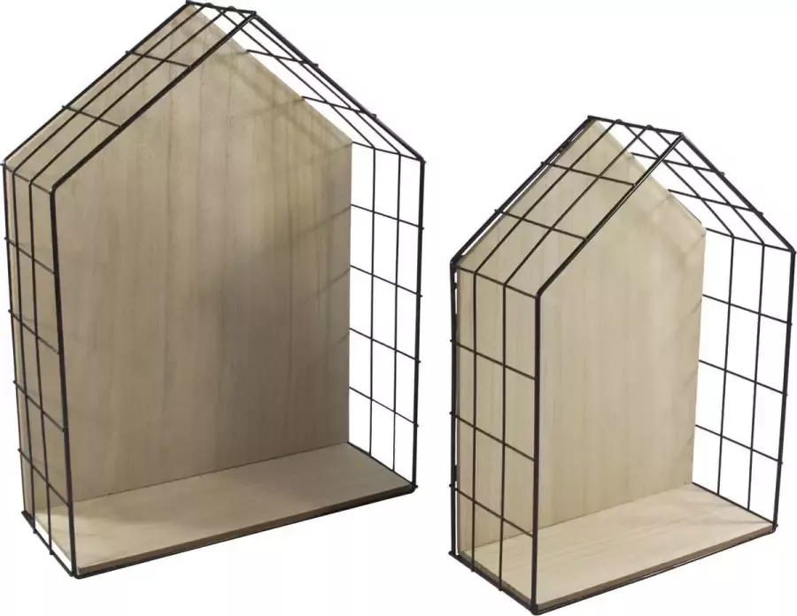 Svenska Living Wandrek Set van 2 Huis Metaal Hout 30x12x40cm & 24.5x10.5x33cm