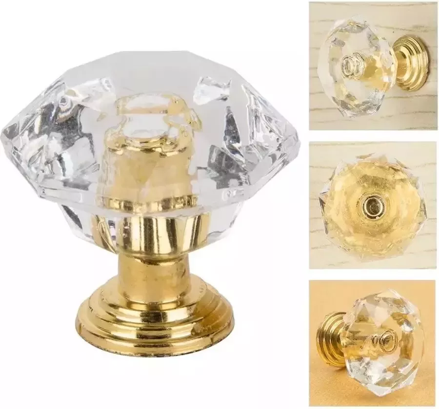 SVH Company Diamant Ladeknop Gold Deurknop Kastdeurknop 8 stuks 24.5 x 23.8 mm Glas Glazen Kristal Deur Knop Deurknoppen Deurknopjes Knopjes