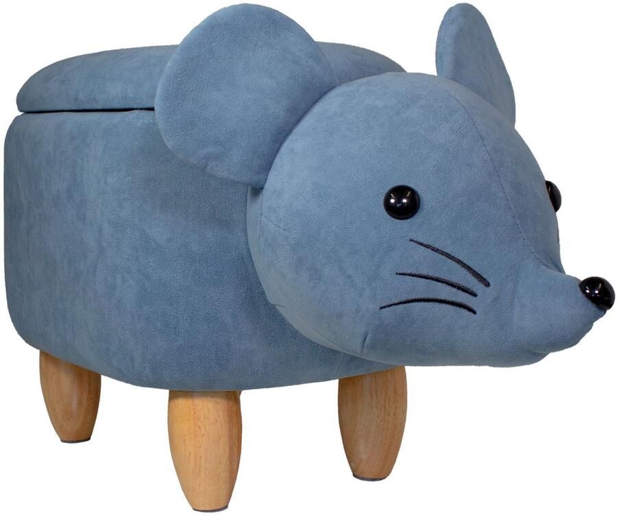 SVITA ANIMAL STORAGE Kinderkruk Dierenkruk met opbergruimte Gevoerde kruk met houten poten Blauw dierenmotief Muis