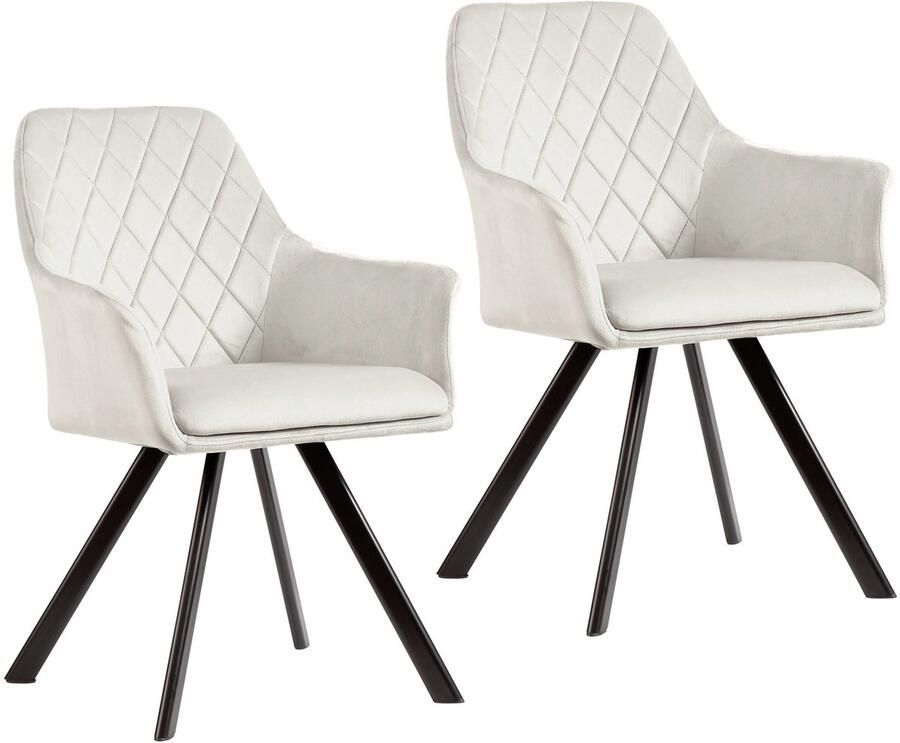 SVITA MASON Set van 2 eetkamerstoelen met armleuning Gestoffeerde stoel Keukenstoel Woonkamerstoel Metalen poten Beige