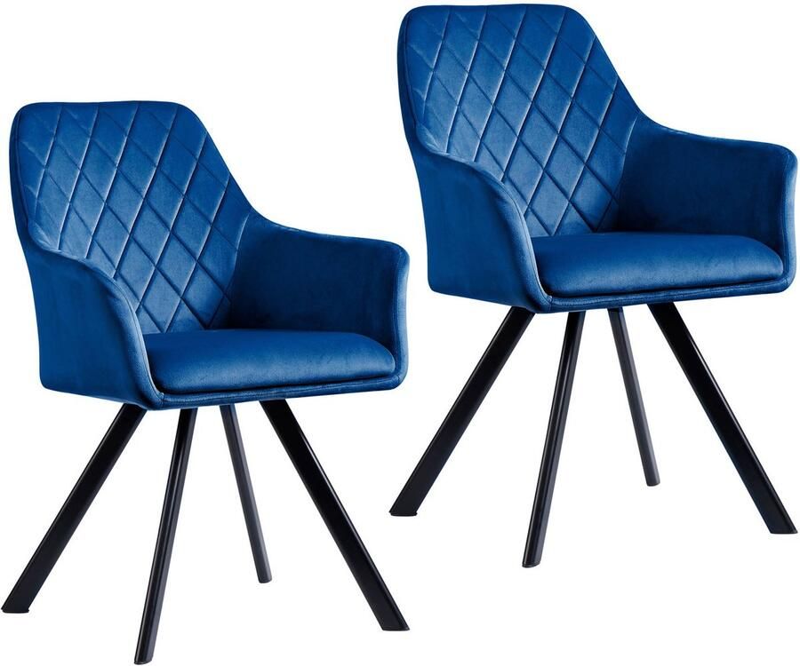 SVITA MASON Set van 2 eetkamerstoelen met armleuning Gestoffeerde stoel Keukenstoel Woonkamerstoel Metalen poten Blauw