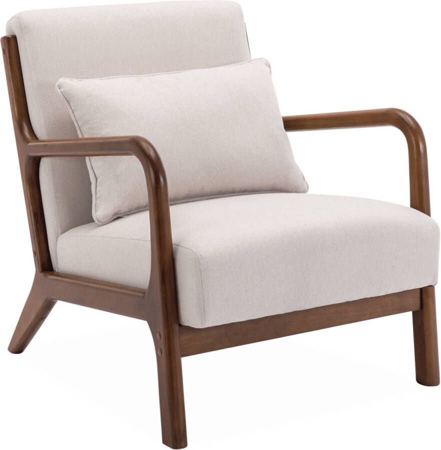 Sweeek Scandinavische fauteuil met beige stof en walnotenhout