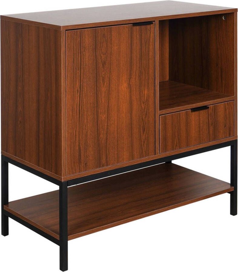 Sweeek Laag dressoir in walnootkleurig hout met zwart metalen poten en handgrepen