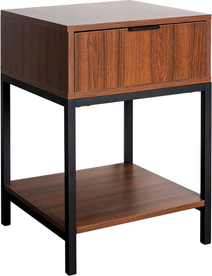 Sweeek Nachtkastje in walnootkleur met zwart metalen poten en handvat