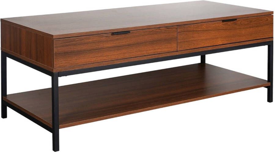 Sweeek Rechthoekige salontafel van walnootkleurig hout met 2 laden en 1 plank zwart metalen onderstel