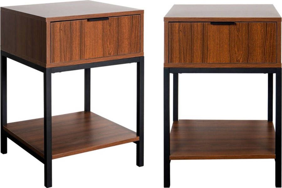 Sweeek Set van 2 walnootkleurige nachtkastjes met zwart metalen poten en handvat