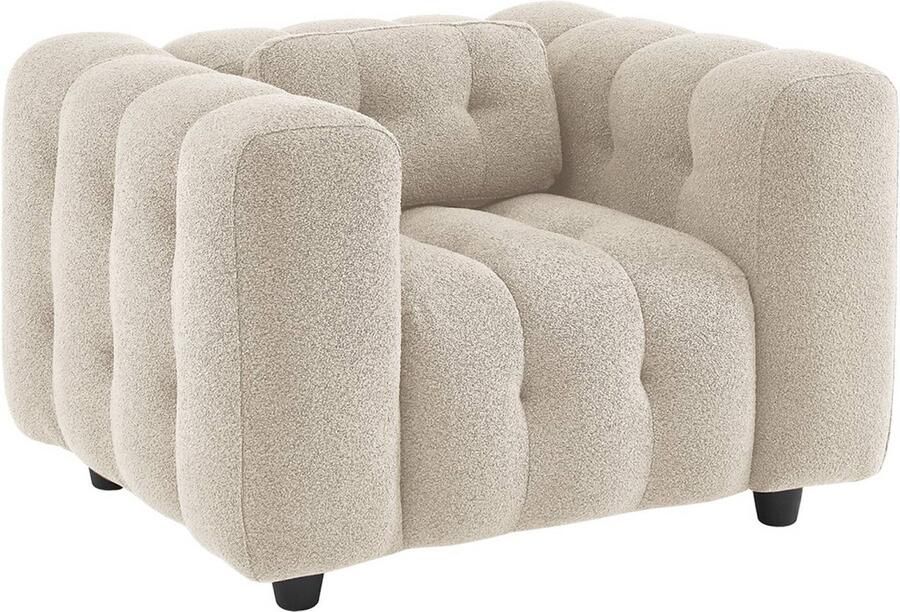 Sweeek 1-zits fauteuil in boucléstof met eucalyptushout en multiplex onderstel